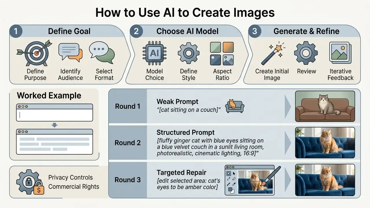 Three-step process for using AI to create images with a worked example showing prompt refinement