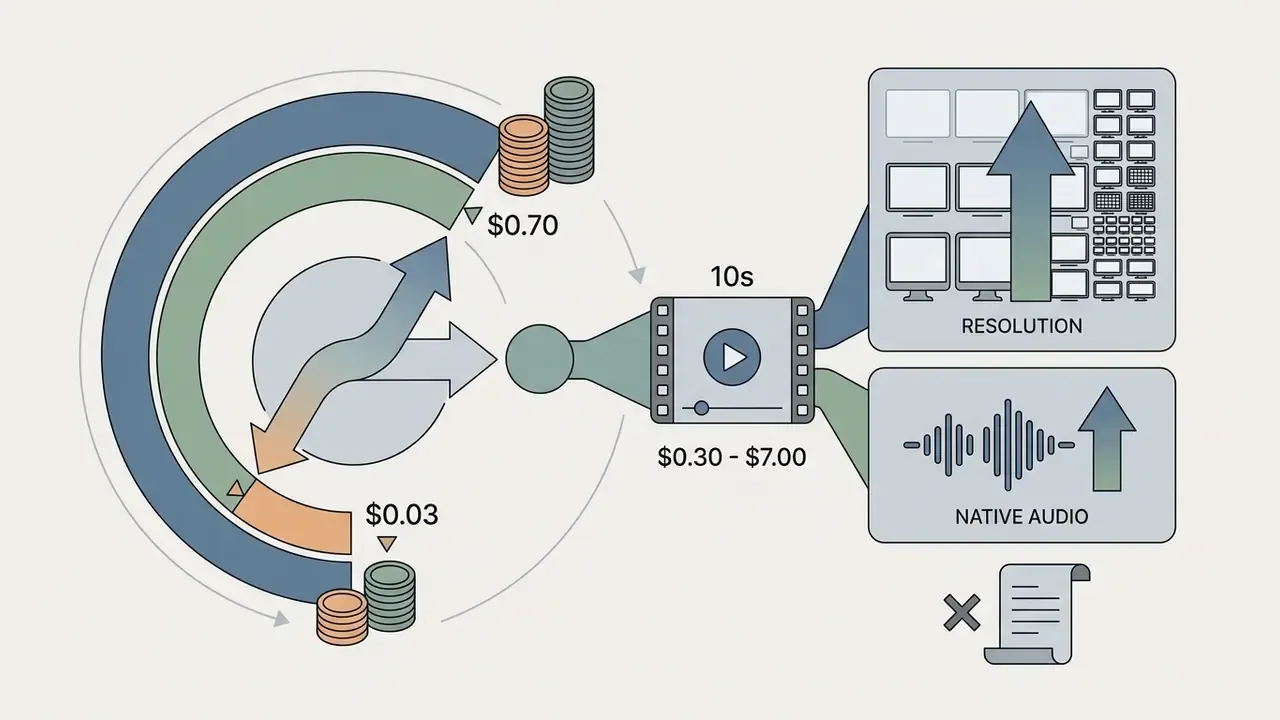 Circular cost arcs and arrows pointing to video generation pricing based on resolution and audio features
