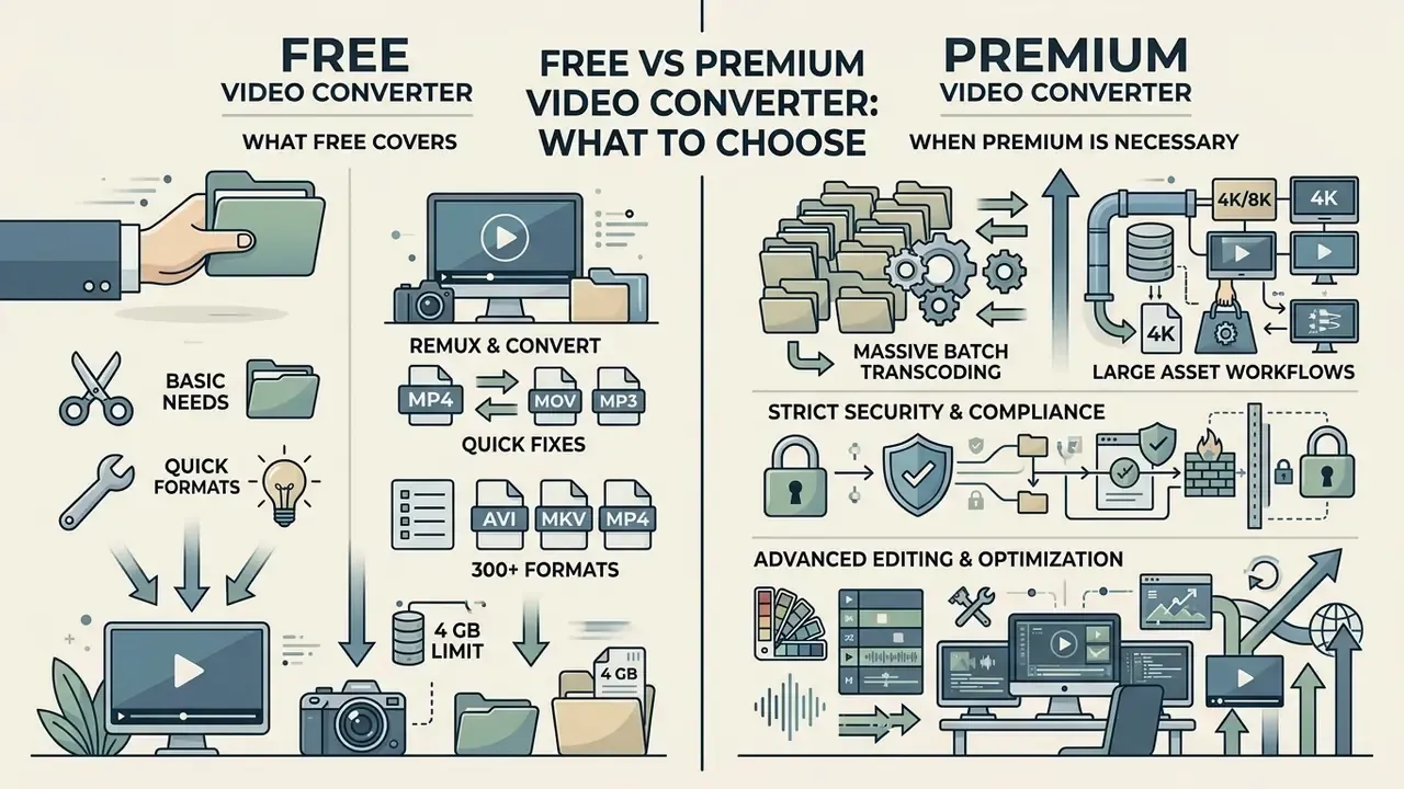 Side-by-side comparison of basic conversion features versus advanced batch, security, and editing tools