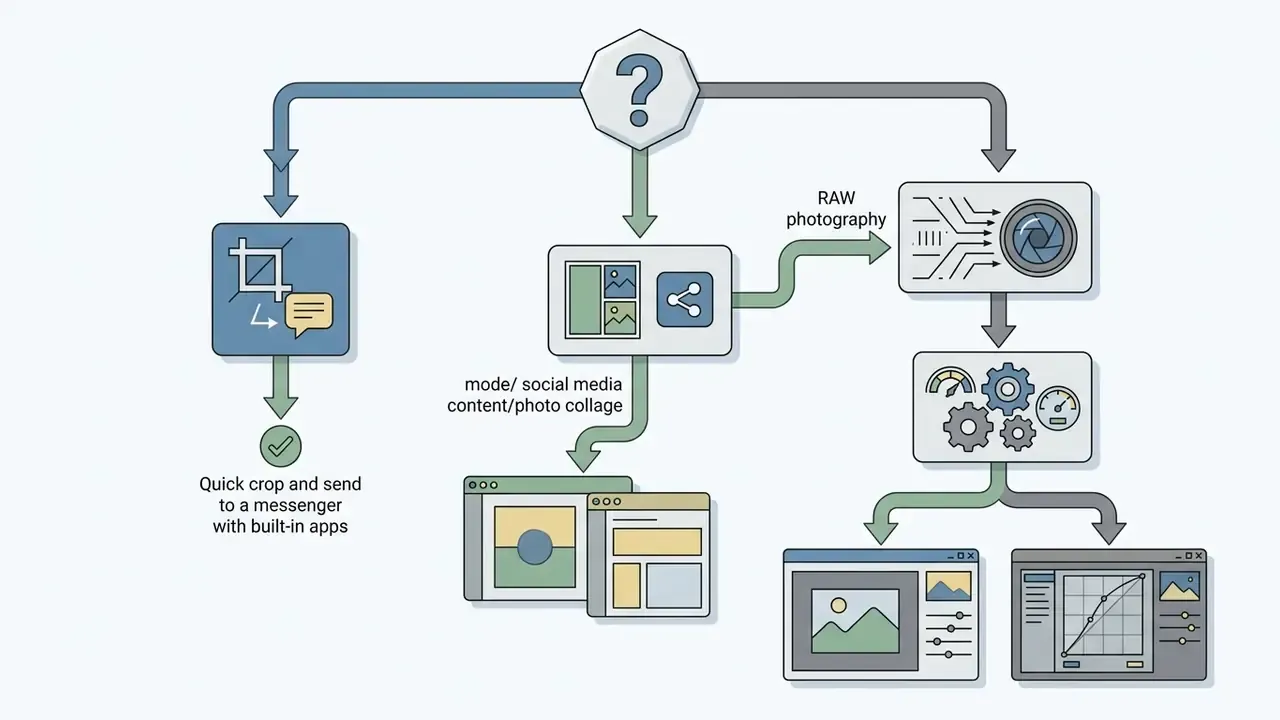 Decision tree diagram branching from a central question to various software categories and task workflows