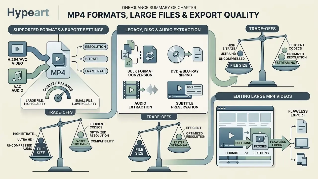 Infographic detailing MP4 codec settings, disc media conversion, and strategies for editing large files