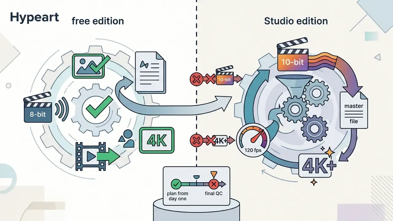 Comparison diagram showing functional differences between free and Studio video editing software editions