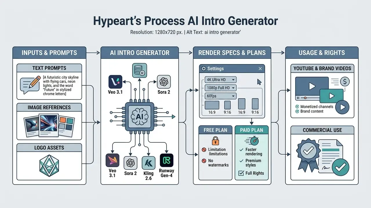Four-stage process flow for an ai intro generator showing inputs, model selection, render settings, and rights