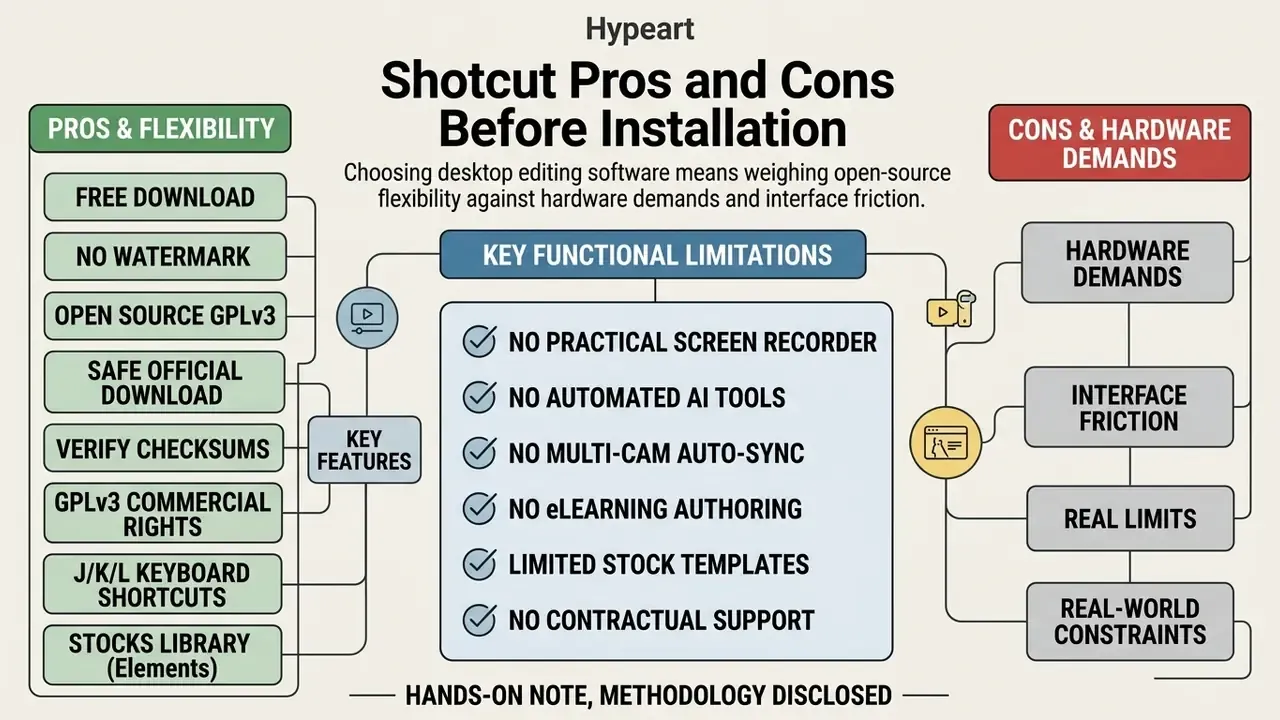 Comparison chart listing pros, functional limitations, and hardware constraints of Shotcut video editor