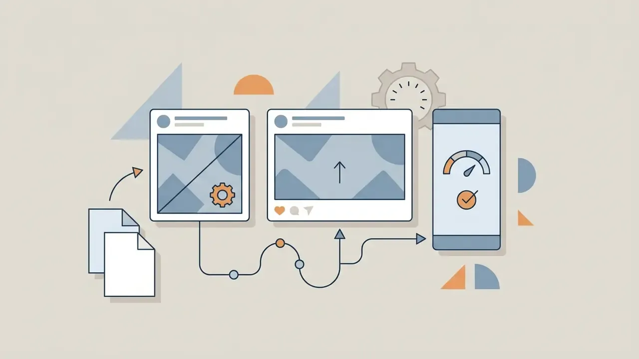 Document icons connecting through social media post frames to a mobile device with a performance gauge