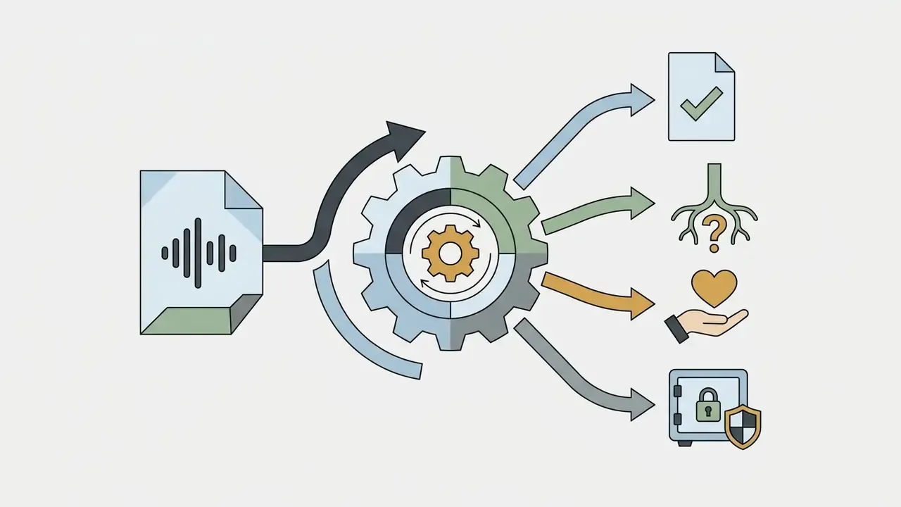 Audio file feeding into a gear processor that outputs quality, root-cause, empathy, and security icons