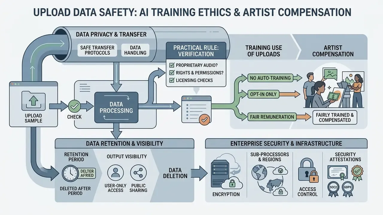 Flowchart detailing data privacy, sample upload verification, training ethics, and enterprise security