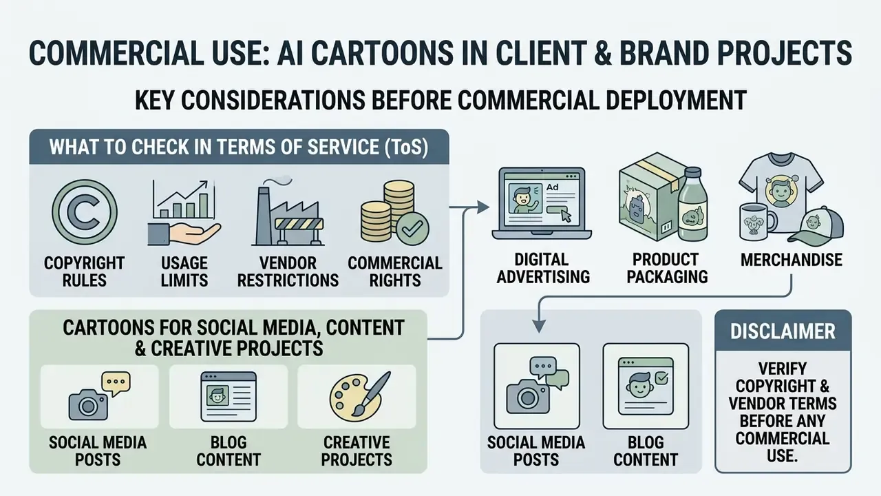 Summary of legal checks and deployment examples for using generated cartoons in commercial projects