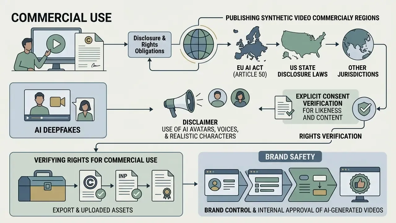 Diagram detailing legal obligations, consent verification, and brand safety steps for AI video creation