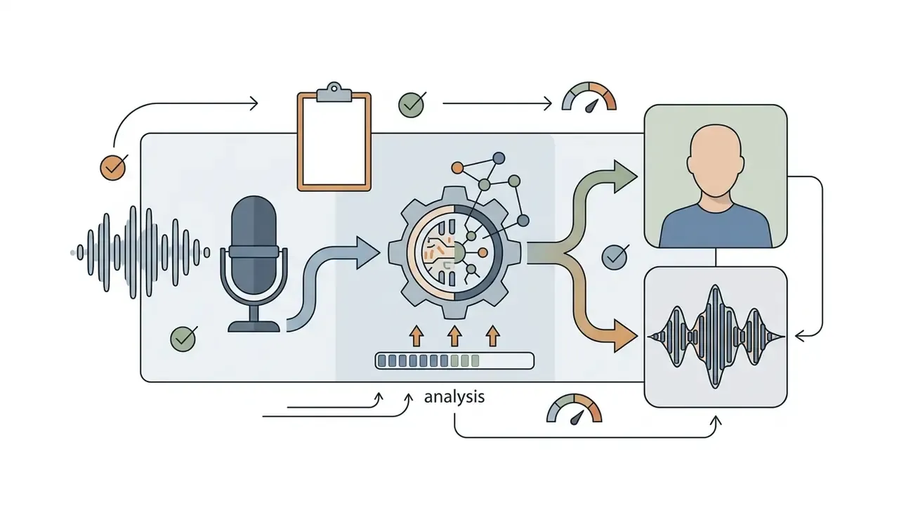 Diagram showing audio input processing through a central engine to create a digital avatar and voice clone