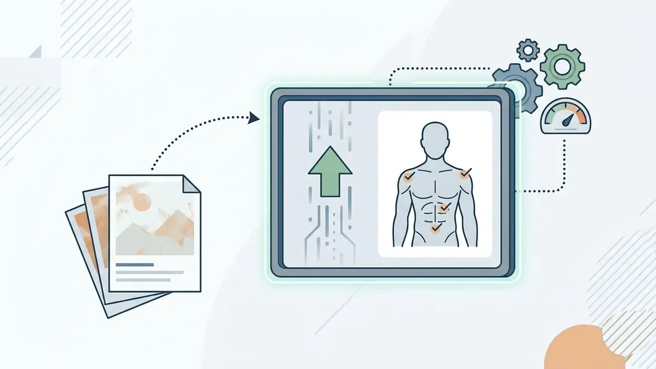 Stack of photos uploading to a digital tablet displaying a human torso with checkmarks and processing gears