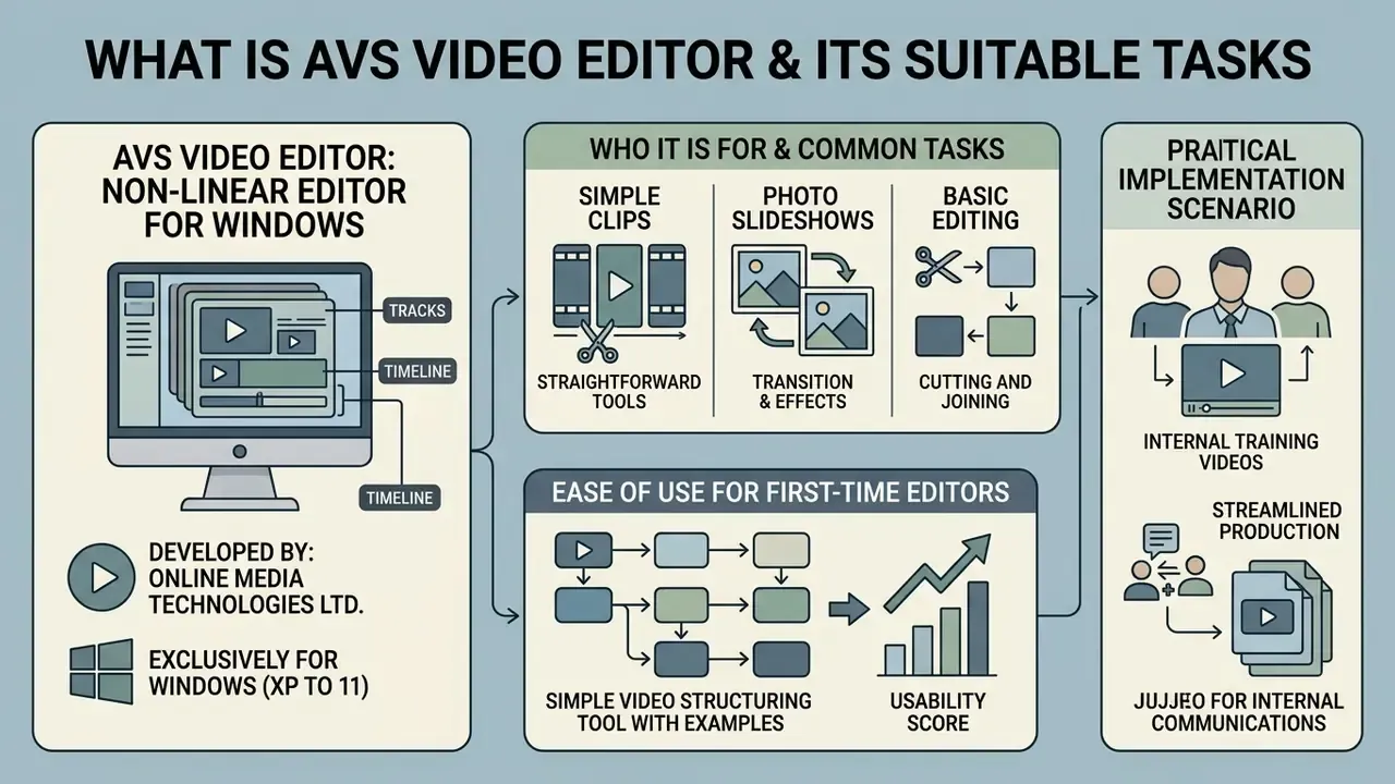 Infographic detailing AVS Video Editor features, target tasks, and practical implementation scenarios