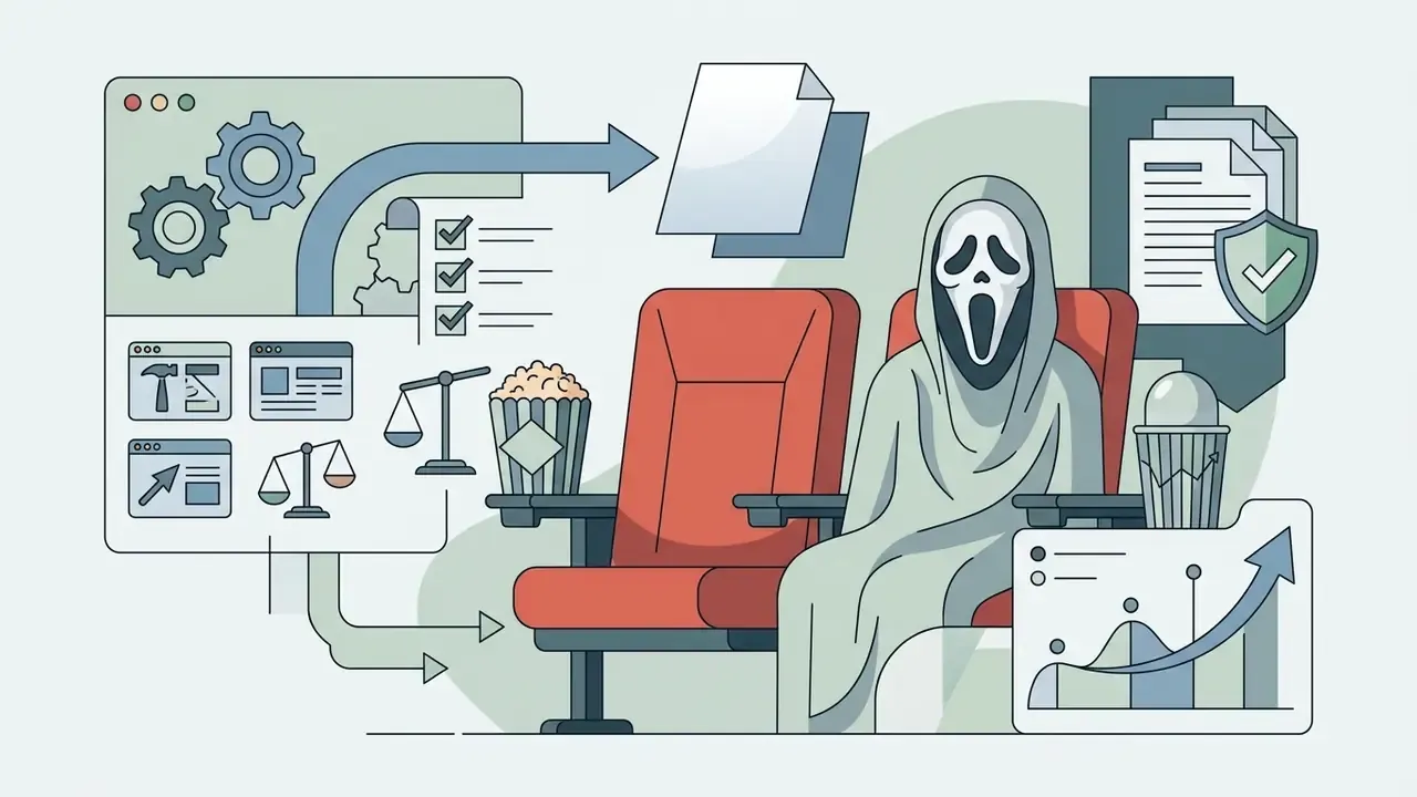 Masked figure sitting in a cinema chair next to popcorn surrounded by data icons and process charts