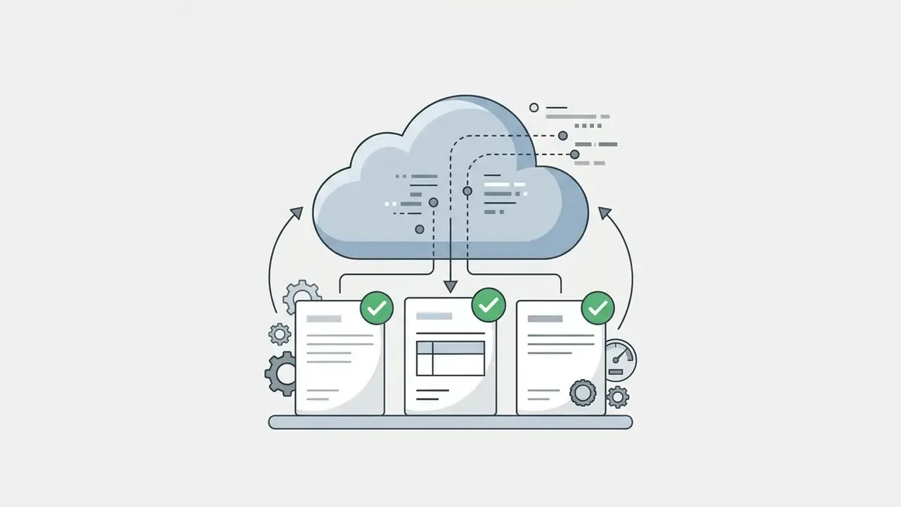 Cloud icon connecting to three documents marked with green checkmarks representing compliance standards