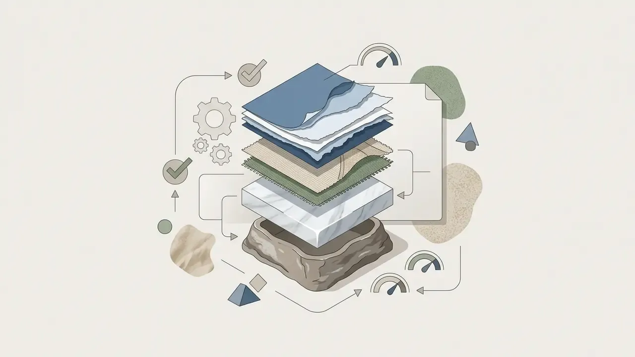Stacked layers of diverse textures and materials surrounded by mechanical gears and performance gauges