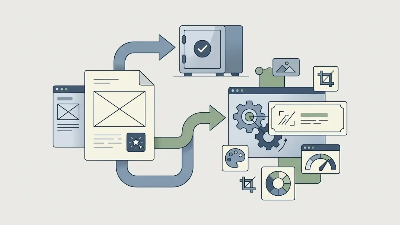 Document icons connected by arrows to a secure vault and a digital workspace with creative editing tools