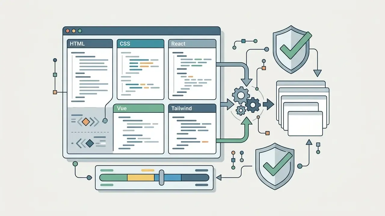Diagram showing code blocks for HTML, CSS, React, Vue, and Tailwind being processed into components