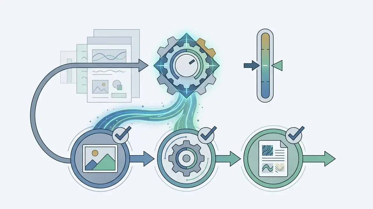 Gear icon with a dial connected to a sequence of image processing steps ending in a document report