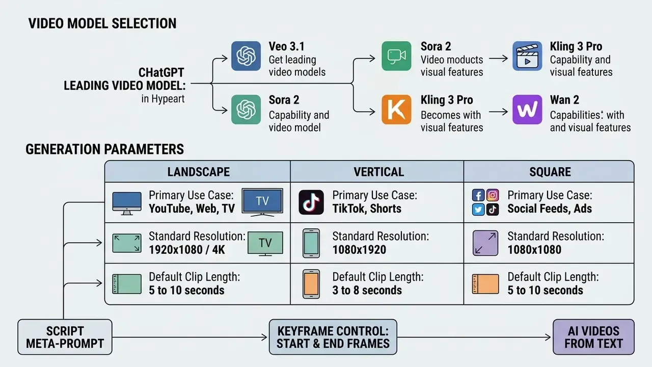 Diagram mapping video model selection and generation parameters for a ChatGPT video generator