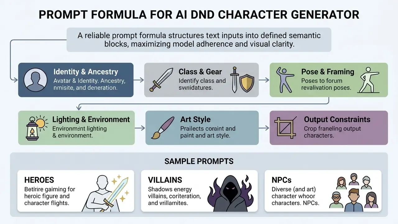 Diagram detailing six essential prompt components for fantasy character creation with sample examples