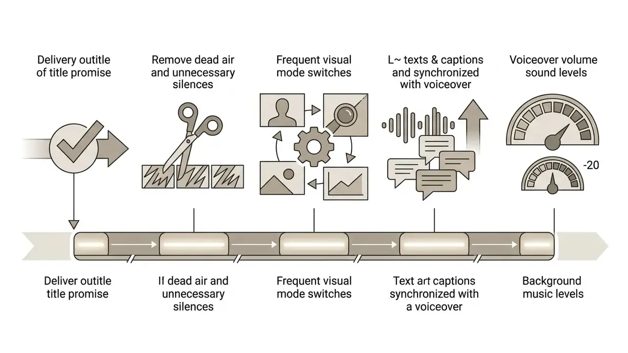 Five icons representing video retention strategies aligned above a timeline of editing steps