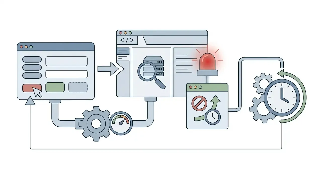 Browser interface showing a network request triggering a server error light and a timed retry process