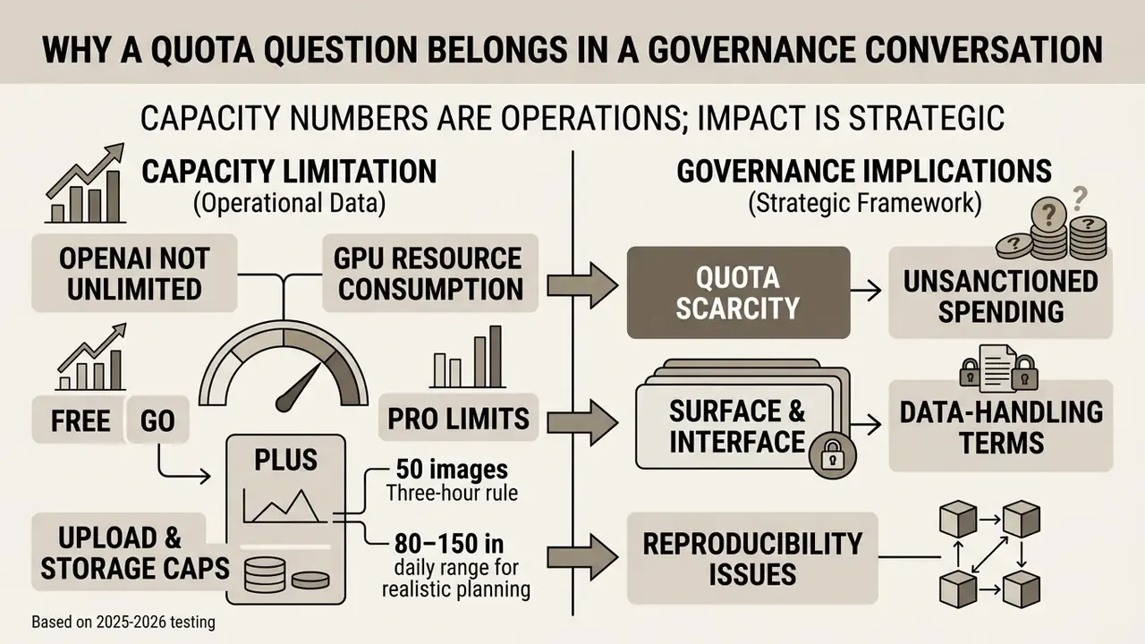 Flowchart comparing operational capacity limits of ChatGPT Plus with strategic governance implications