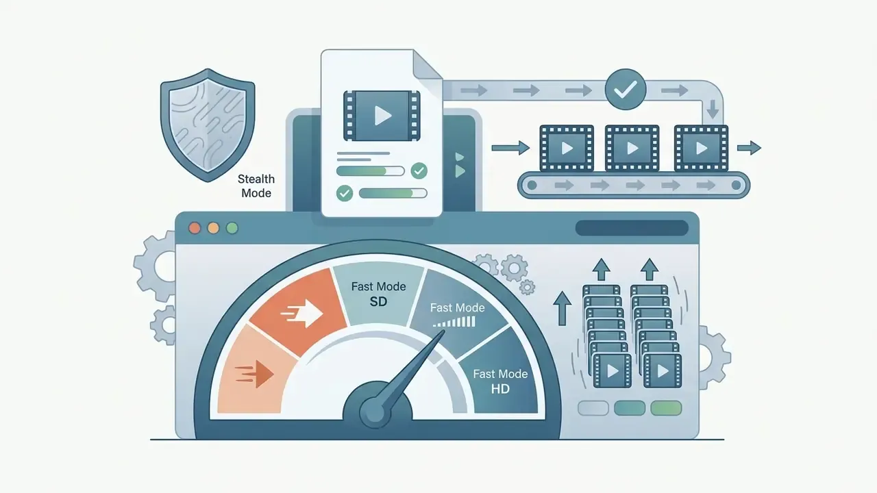 Dashboard showing Stealth Mode, concurrent job processing, and speed gauges for SD and HD video outputs