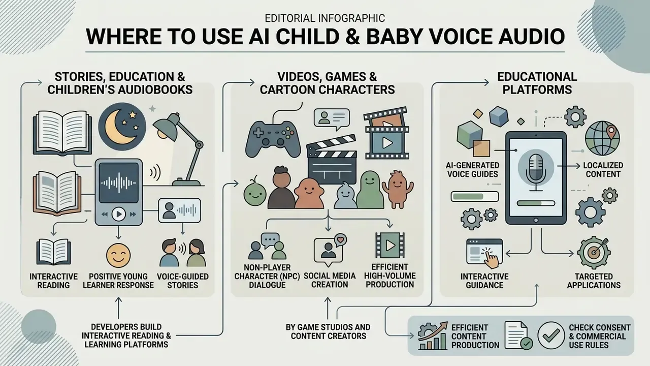 Infographic detailing diverse applications for AI child voice generator tools in media and education
