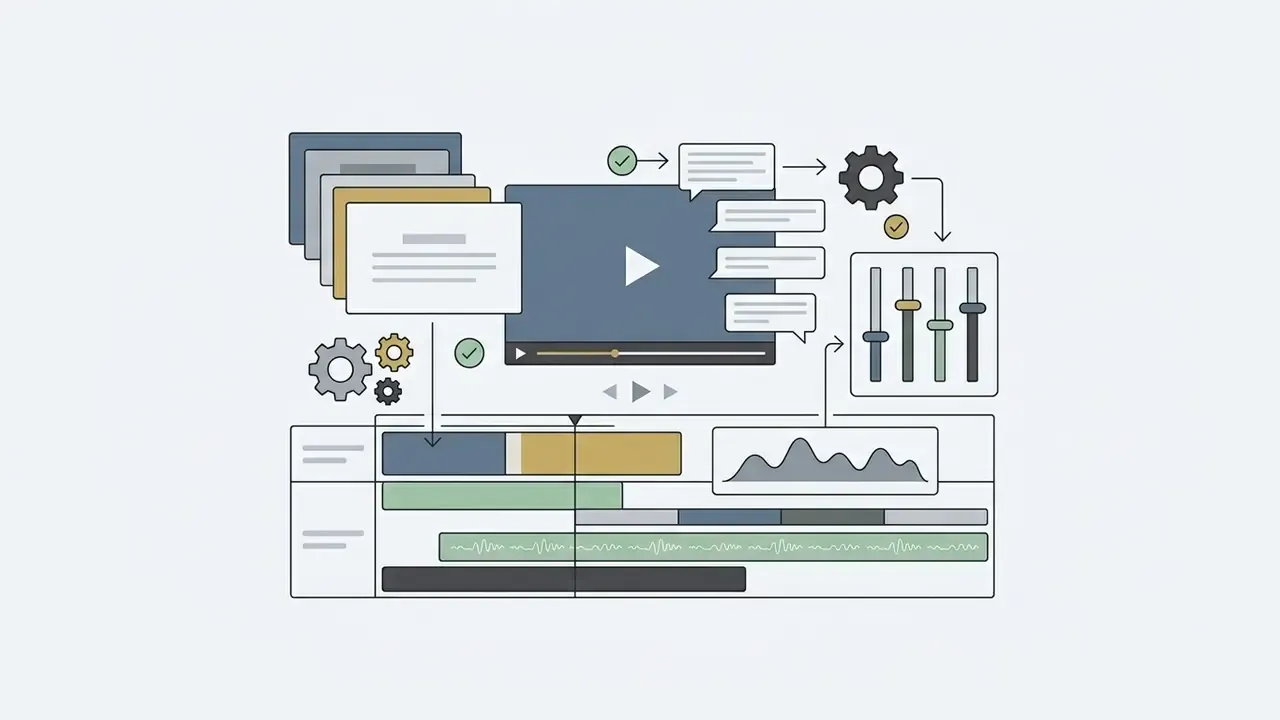 Video player interface with text overlays, audio sliders, and a multi-track editing timeline