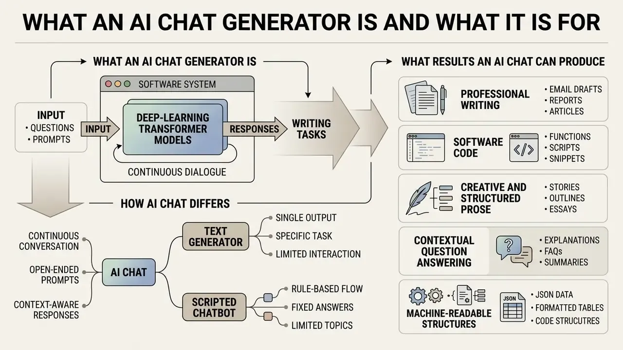 Diagram showing how an AI chat generator processes inputs to produce diverse writing and data outputs