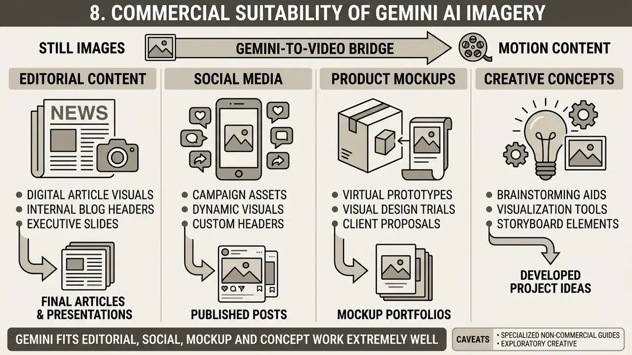 Four columns detailing commercial applications for visual assets including editorial, social, mockups, and concepts