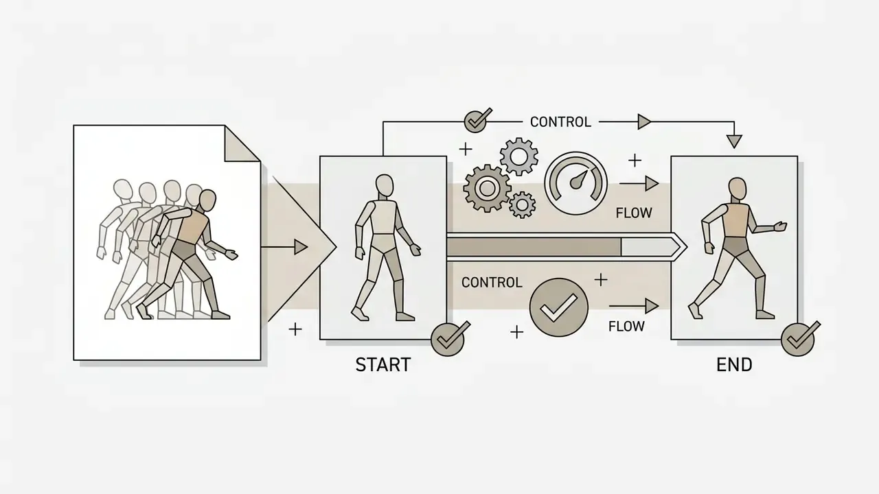 Mannequin figures transitioning between start and end poses with control gears and flow indicators