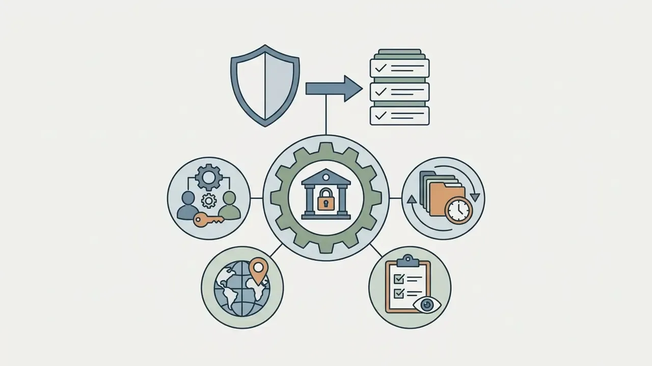 Central gear icon surrounded by symbols for data retention, global residency, and audit compliance