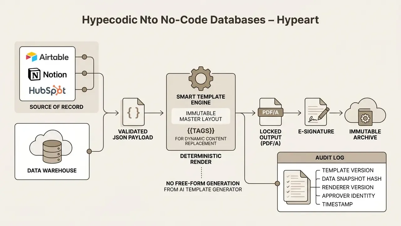 Data from external sources flows through a JSON payload into a template engine for audit-ready output