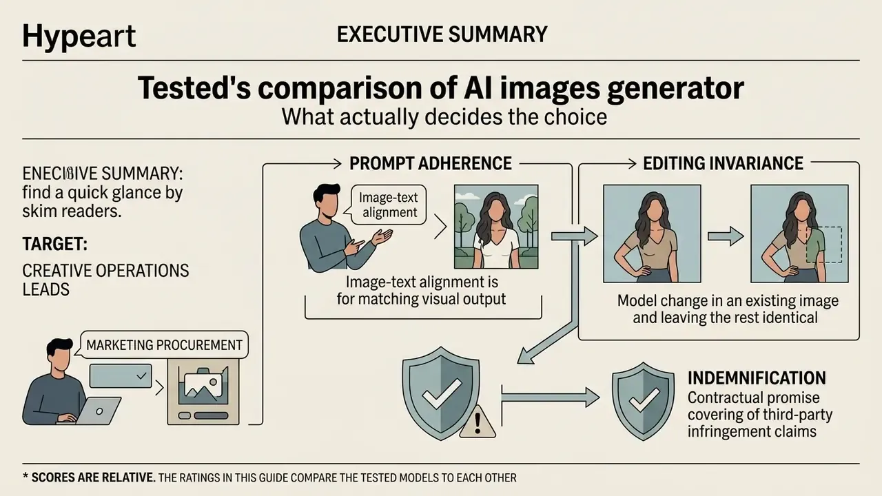 Infographic explaining prompt adherence, editing invariance, and indemnification for AI image generators