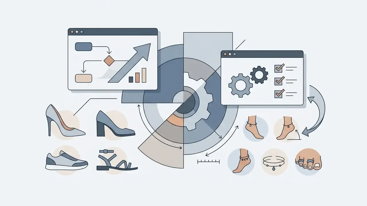 Diagram showing footwear and jewelry modeling workflows with software interface icons and gear graphics
