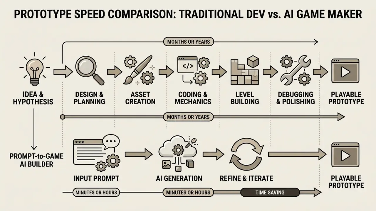 Comparison flowchart showing traditional development stages versus accelerated AI prompt workflows