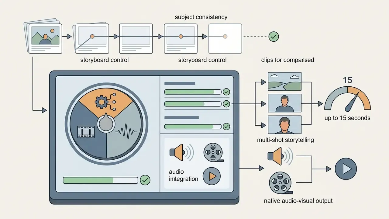 Storyboard sequence with control panels for multi-shot storytelling and audio-visual output generation