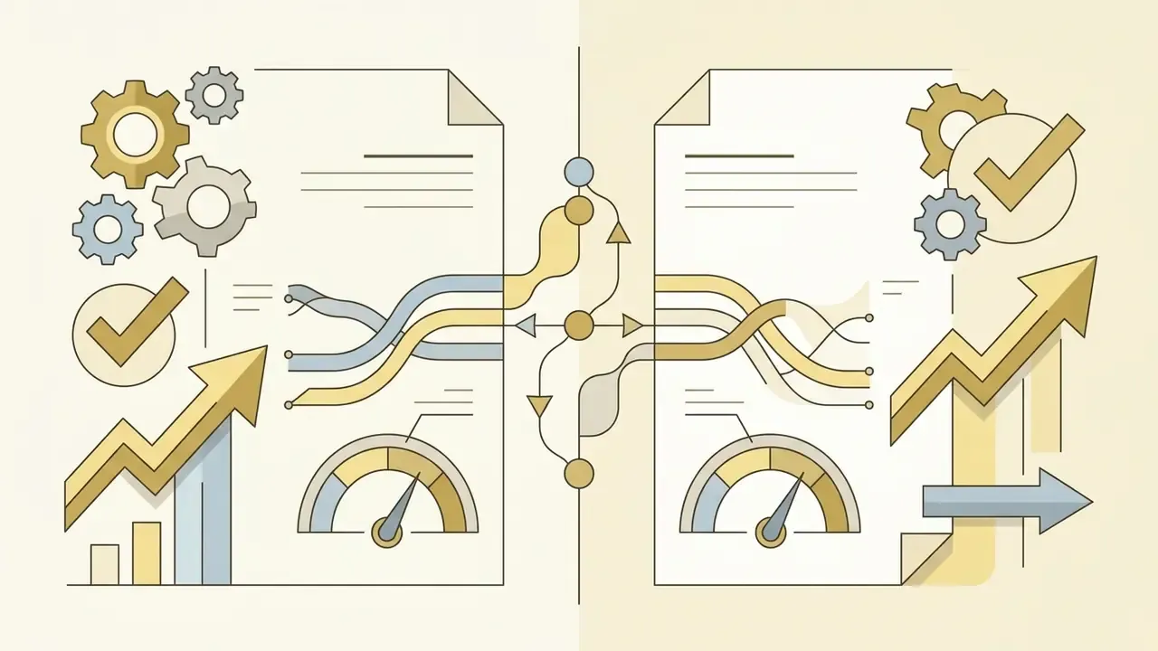 Split layout showing two documents with gears, rising arrows, and gauges connected by a central flow path