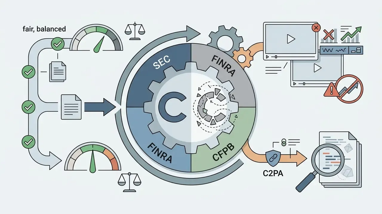 Regulatory agency labels on a gear processing compliance documents into audited video and metadata outputs