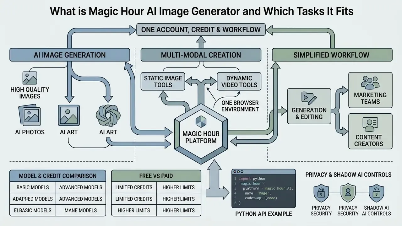 Diagram showing how the Magic Hour platform unifies image and video generation tools into one workflow