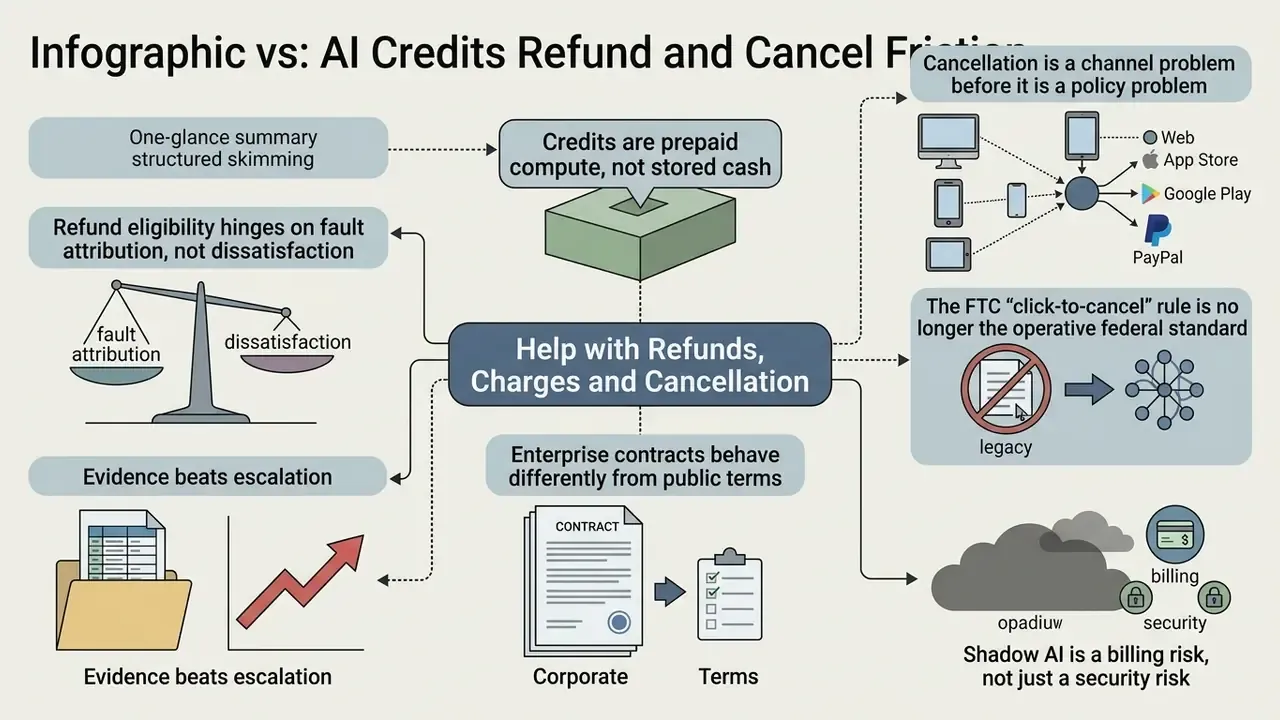 Flowchart outlining key considerations for AI Credits Refund and Cancel Friction in enterprise settings