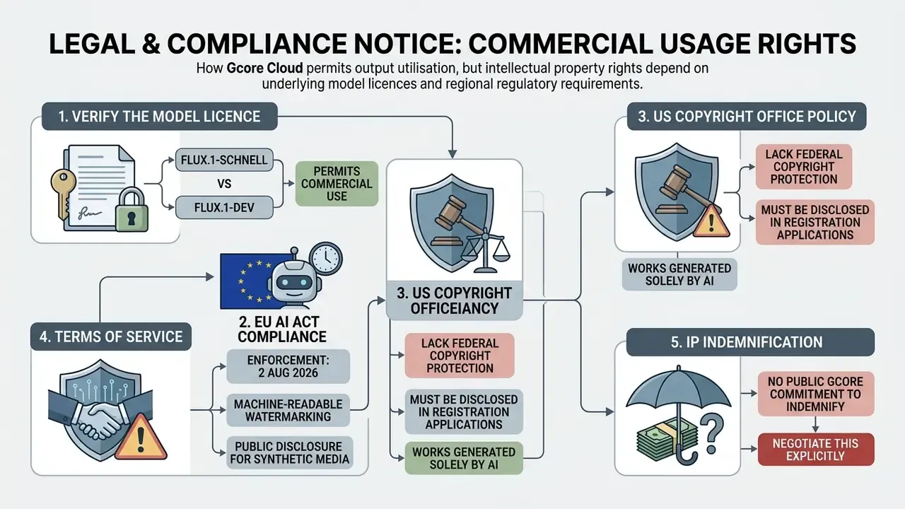 Five-step workflow outlining legal compliance, copyright policies, and IP indemnification for AI assets
