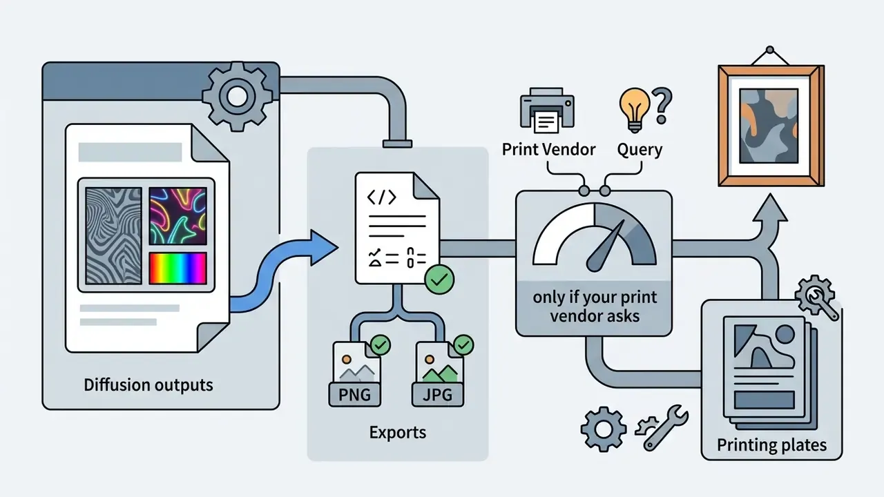 Steps for converting digital diffusion outputs into exported files and final physical print formats