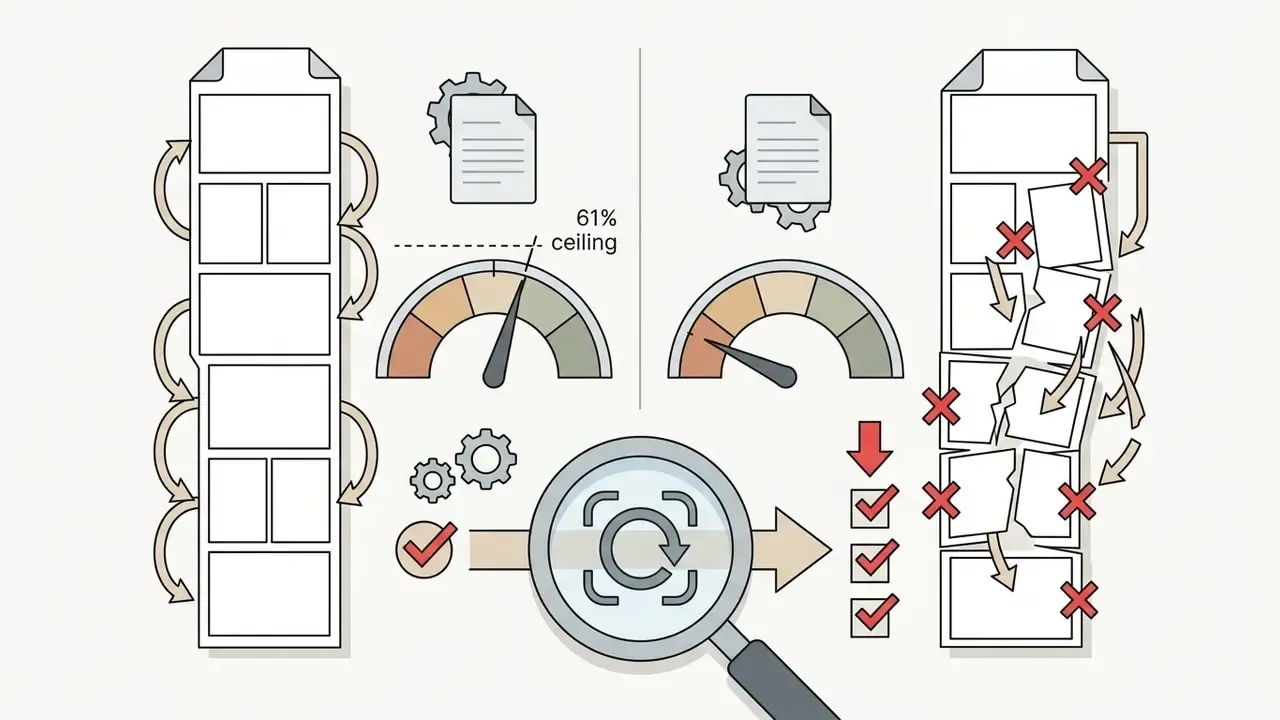 Comic panels with gauges and a magnifying glass analyzing the ordering and structural integrity of content
