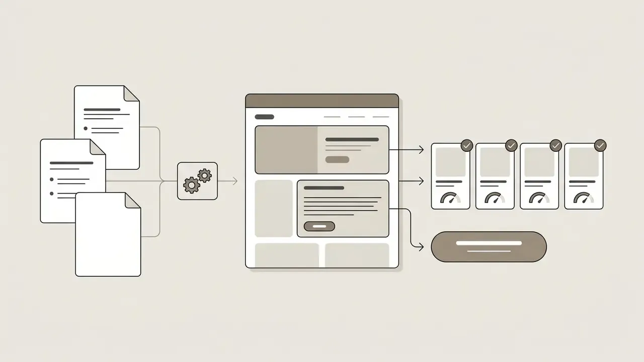 Raw document files feeding into a processing engine to generate optimized product pages and catalog items