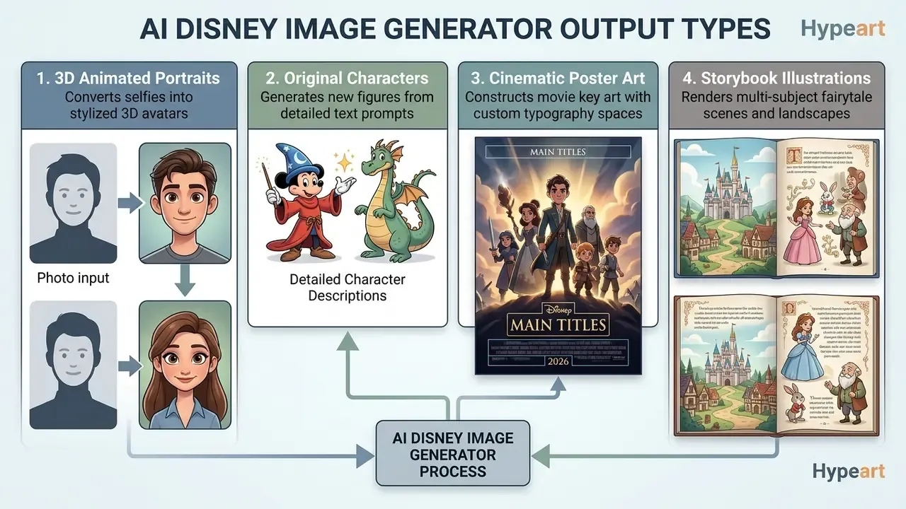 Four examples of AI Disney image generator outputs including 3D portraits, characters, posters, and books