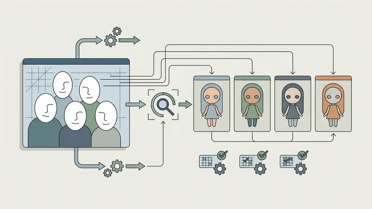 Group photo processing into individual doll portraits through a detection system with gear icons