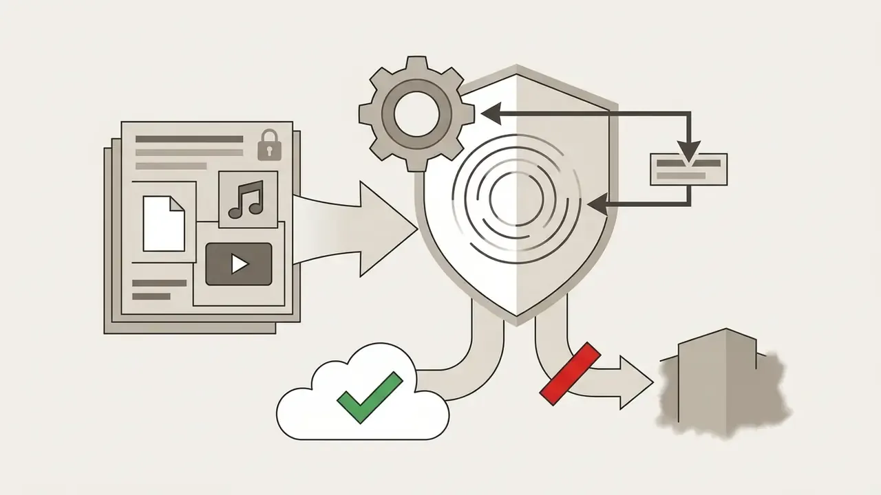 Document and media files moving through a security shield that filters traffic to cloud or external hosts